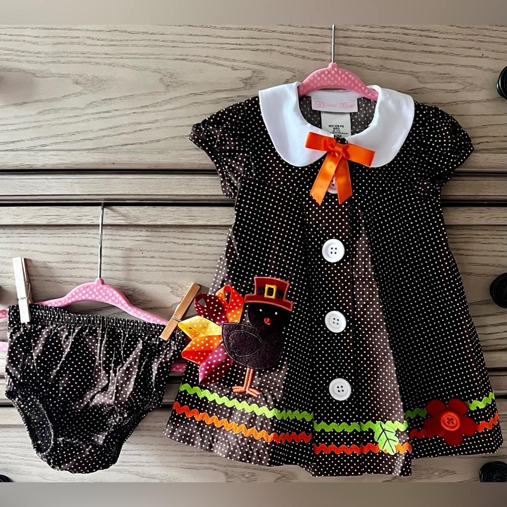 12 Months - Bonnie Baby Thanksgiving Turkey Dress w/ Bloomer - Baby Girl